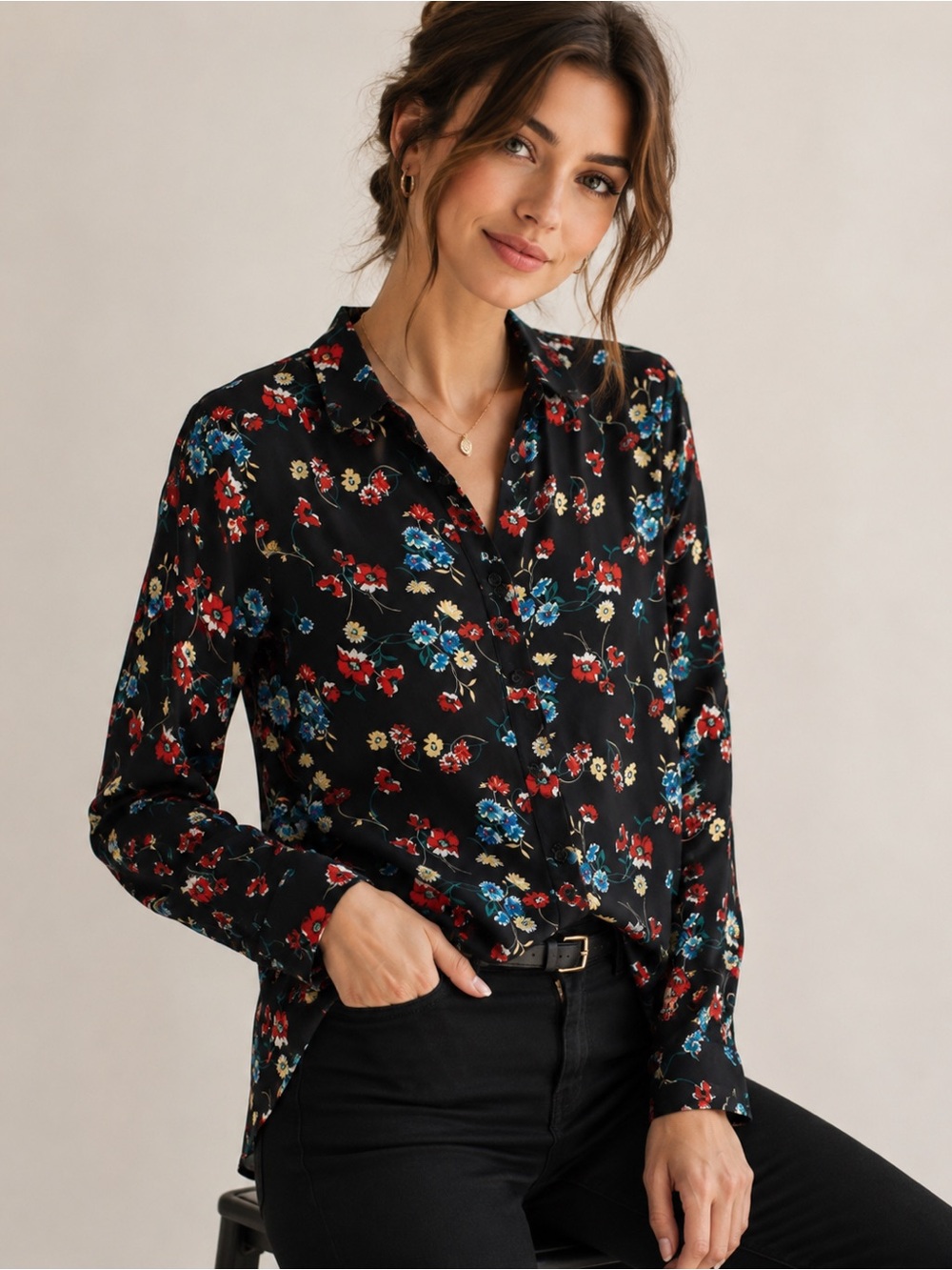 Laundry by Shelli Segal Moody Floral Button Front Blouse Size Small Black Career